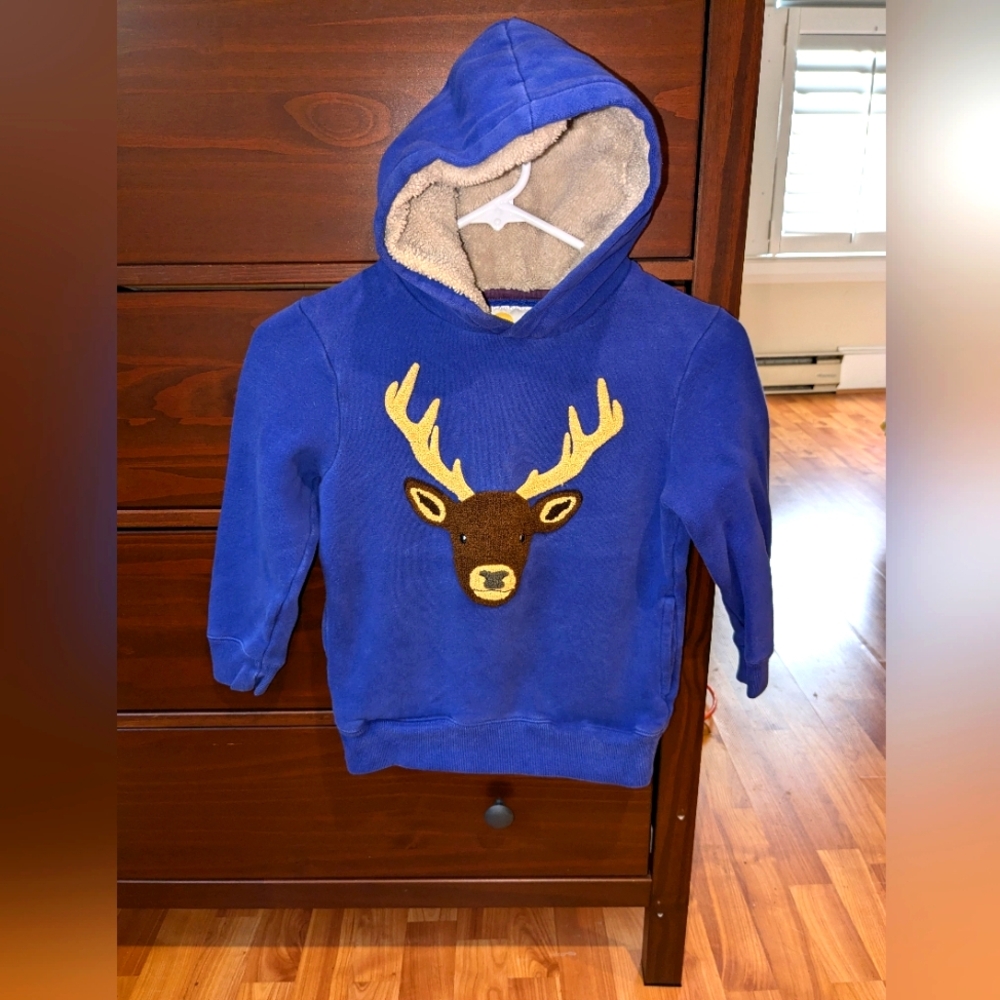 Mini Boden Sherpa lined deer sweatshirt pockets sz 6-7